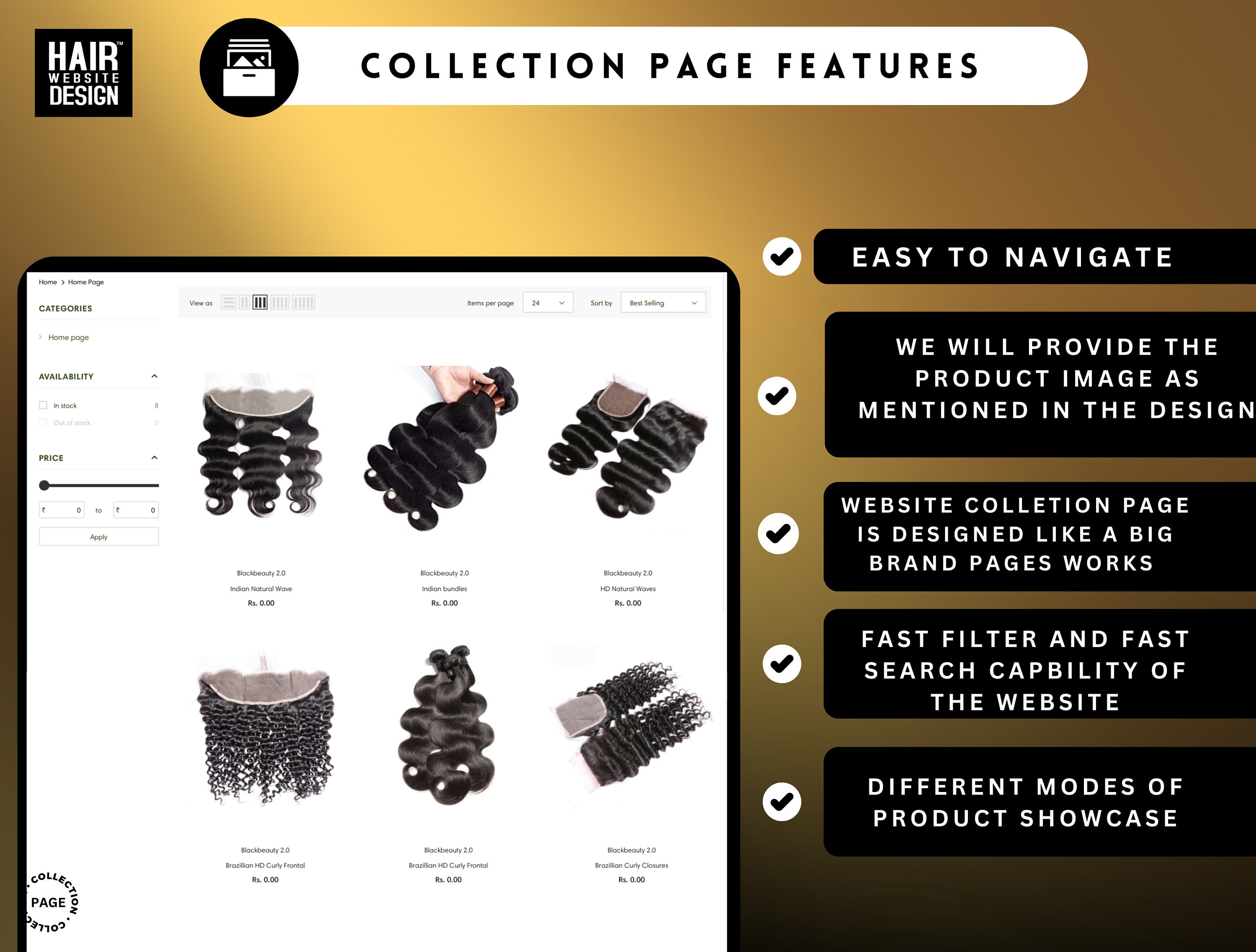 Shopify Luxury Gold Hair Theme Shopify site Design Shopify Theme Wig
