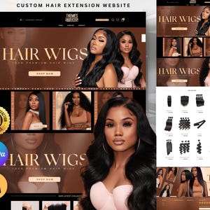 Può includere: Design di un sito web per parrucche. Il design presenta immagini di donne con capelli lunghi e vetrine di prodotti. Il testo include "HAIR WIGS" e "SHOP NOW". È visibile anche un badge "Customer Satisfaction 100% Guarantee".