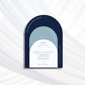 Modelo de convite de casamento em arco azul marinho com suíte azul claro, cartão de detalhes, conjunto RSVP, papelaria de casamento moderno editável e imprimível