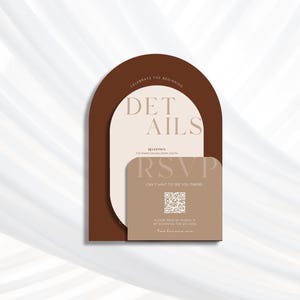 Suite de faire-part de mariage marron, faire-part de mariage arqué moderne avec code QR, touches de beige et de crème, ensemble de papeterie imprimable modifiable