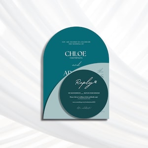 Hochzeitseinladungsreihe für die dunkle Teal-Hochzeit, blau-grüne gestapelte Bogendesign-Detailkarte, Antwortkarten-Set, bearbeitbare druckbare Hochzeitspapeterie