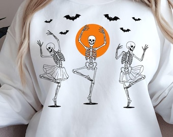 Esqueletos bailando PNG, clipart de esqueleto de Halloween retro, diseño de sublimación de temporada espeluznante, camiseta de esqueleto de Halloween PNG, Halloween vintage
