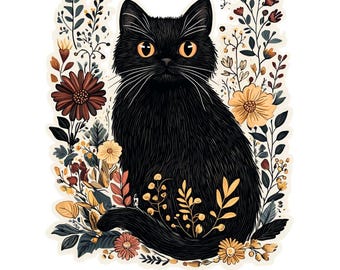 Black Cat Floral Cottagecore PNG Vintage Cat PNG Aesthetic Cat Lover Sublimation Design Retro Witchy Cat png Botanical Flowers PNG