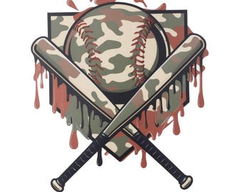 Camo Baseball PNG, Dripping Baseball Clipart, Military Camouflage Sports Design for Sublimation, Shirts, Tumblers, Digital Download