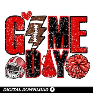 Football Cheer PNG, Game Day Sublimation Design, Red and Black Football Clipart, Cheer Mom PNG, Pom Pom & Helmet PNG, Sports Spirit png