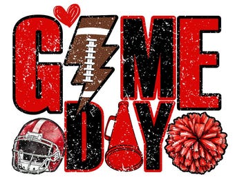Football Cheer PNG, Game Day Sublimation Design, Red and Black Football Clipart, Cheer Mom PNG, Pom Pom & Helmet PNG, Sports Spirit png