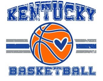 Puede incluir: Un diseño digital con el texto "KENTUCKY BASKETBALL" en azul, con una fuente desgastada. Una pelota de baloncesto naranja con un corazón azul está centrada. Rayas azules y grises están arriba y abajo de la pelota. El texto "DIGITAL DOWNLOAD" está en la parte inferior.