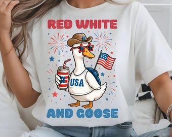 Red White And Goose PNG, 4th of July Png, Retro America Png, Boho Patriotic Floral Fourth of July Png, Cute American Goose Shirt Png