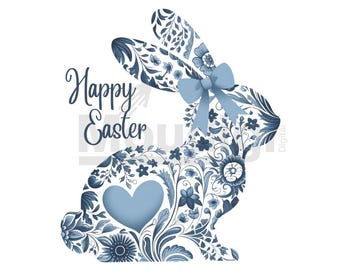 Happy Easter PNG, Blue Floral Chinoiserie Bunny Png, Blue Toile Easter Rabbit Png, Grand Millennial Easter Png, Easter Coquette Png, Girls