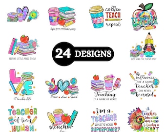 Teacher Sublimation Bundle, 24 Teacher PNG Designs, Teacher Life Quotes, Colorful Teacher Appreciation Sublimation, Digital Download