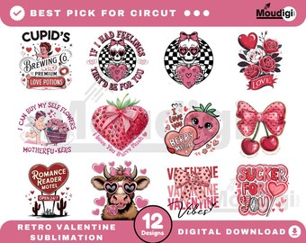 May include: Twelve digital designs for Valentine's Day sublimation featuring a variety of retro-inspired illustrations. Designs include a skull holding a heart, a strawberry with a bow, a cow with sunglasses, and a cupid with a heart-shaped arrow.