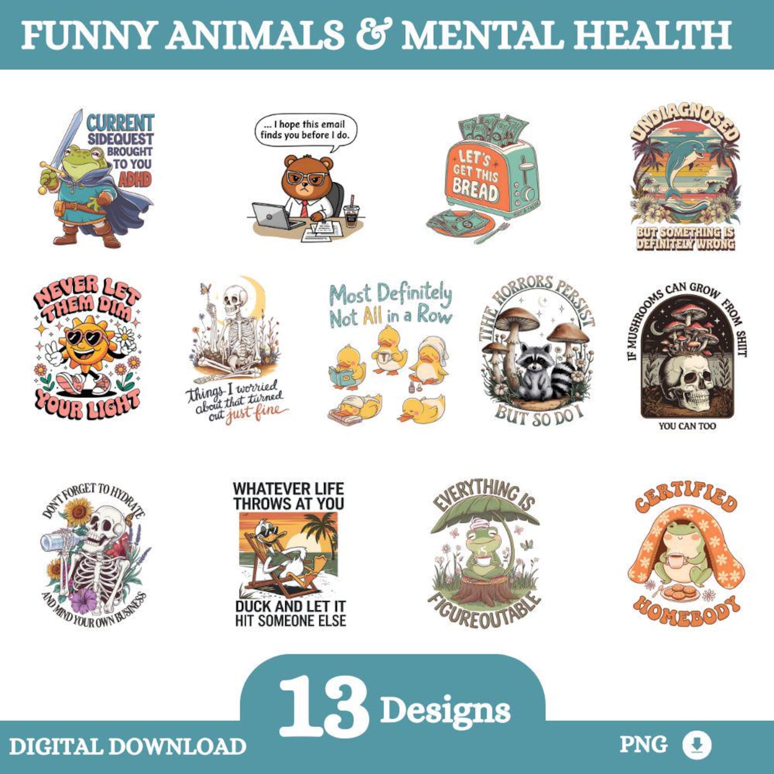 Funny Animal Mental Health PNG Bundle, Sarcastic Clipart (digital ...