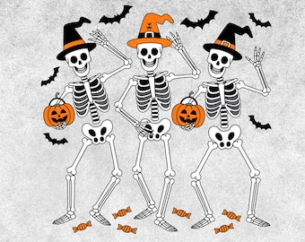 Esqueletos bailando PNG, clipart de esqueleto de Halloween retro, diseño de sublimación de temporada espeluznante, camiseta de esqueleto de Halloween PNG, Halloween vintage