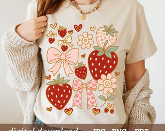 Boho Strawberry Coquette PNG, Preppy Strawberries Png, Strawberry Festival Png, Summer Strawberry Png, Boho Summer Png, Floral Stawberry Png