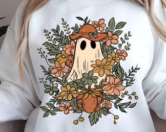 Floral Ghost PNG, Cute Spooky Ghost with Flowers, Aesthetic Fall Halloween PNG, Boho Pumpkin Ghost Sublimation, Autumn Girly Ghost Clipart