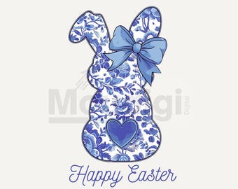 Happy Easter PNG, Blue Floral Chinoiserie Bunny Png, Blue Toile Easter Rabbit Png, Grand Millennial Easter Png, Easter Coquette Png, Girls