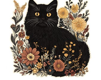 Black Cat Floral Cottagecore PNG Vintage Cat PNG Aesthetic Cat Lover Sublimation Design Retro Witchy Cat png Botanical Flowers PNG