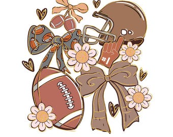 Fútbol americano PNG, lindo casco de fútbol americano con lazo PNG, diseño de sublimación de fútbol con flores retro, camiseta deportiva de otoño para mamá PNG, fútbol americano de otoño png