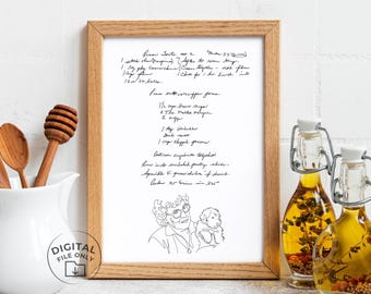 May include: A framed print featuring a handwritten recipe with a line drawing of a woman and a dog. The wooden frame surrounds the white paper with black ink. Two glass bottles with oil and herbs are in the background.