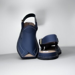 May include: A pair of dark blue leather sandals with a strap and buckle. The sandals have a pointed toe and a flat sole.