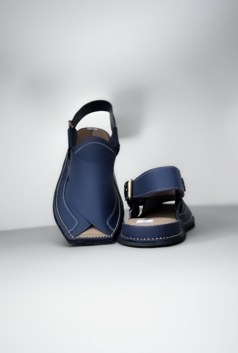 May include: A pair of dark blue leather sandals with a strap and buckle. The sandals have a pointed toe and a flat sole.