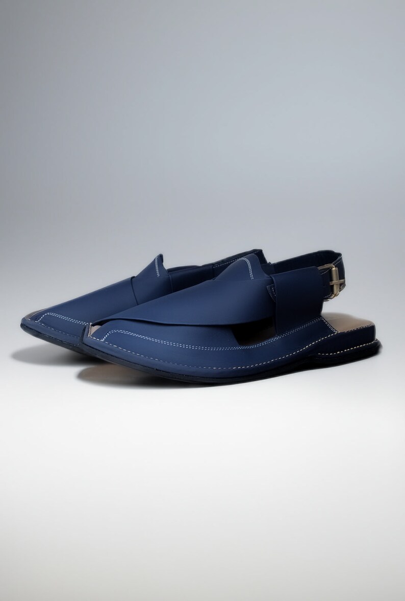 May include: A pair of dark blue leather sandals with a strap and buckle. The sandals have a pointed toe and a flat sole.