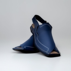 May include: A pair of blue leather sandals with a strap and buckle. The sandals have a pointed toe and a white stitch detail.