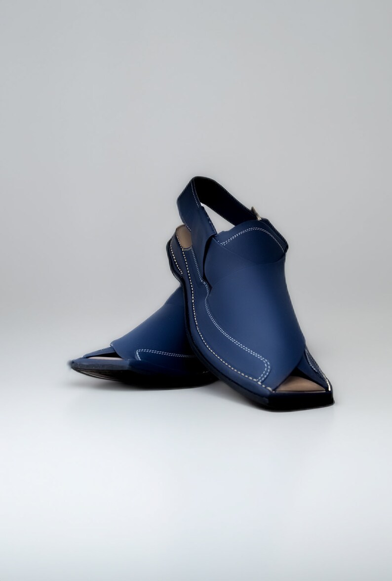 May include: A pair of blue leather sandals with a strap and buckle. The sandals have a pointed toe and a white stitch detail.