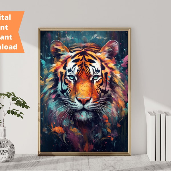 Animal Art Multicolored Tiger Poster Wild Animal Paintings To Hang Rainbow Tiger King of The Jungle Printable Portrait