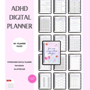 Könnte beinhalten: Ein digitaler Planer für Menschen mit ADHS. Der Planer umfasst über 40 Seiten mit einem lustigen Design und ist im US-Letter-Format. Das Cover zeigt eine farbenfrohe Illustration von Ballons und den Text "You are imaginative and fun."