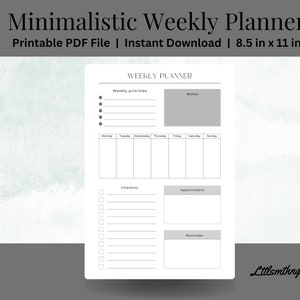 Minimalist Weekly Planner, Instant Download, Letter Size Weekly Schedule Printable