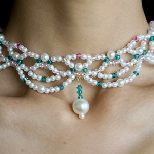 Statement Princess Vintage Style Choker with Emerald and Pale Pink Tones and Pearl Highlights - Customizable and Ready to Ship