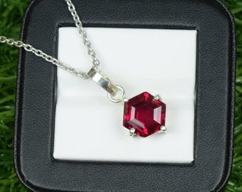 Hexagon Red Ruby Pendant Necklace : 925 Sterling Silver July Birthstone
