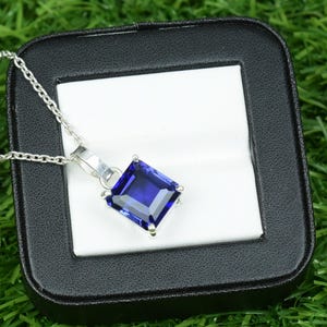 Unique Square Pendant. Natural Blue sapphire Necklace. Solid 925 Sterling Silver Sapphire Necklace. September Birthstone Jewelry.