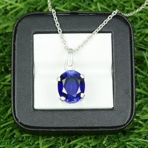 Blue Sapphire Necklace, 925 Sterling Silver Sapphire Necklace. Oval Jewelry Pendant. September Birthstone Necklace. Anniversary Gift Stone.
