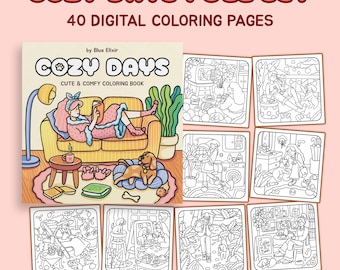 COZY DAYS | Full 40 Pages Set: Super Cute Animal Characters Coloring Pages by Blue Elixir | Girl and a Puppy