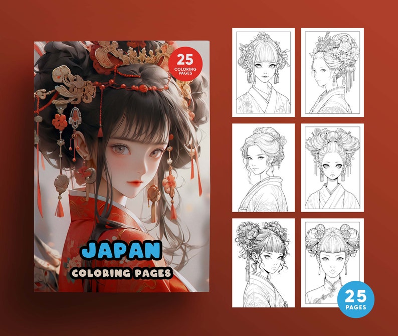 May include: A colouring book featuring 25 pages of illustrations of women in traditional Japanese clothing. The cover features a woman with long black hair and a red and gold kimono. The title of the book is "JAPAN COLOURING PAGES".