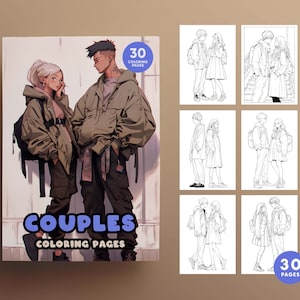 May include: A colouring book with 30 pages featuring couples in various poses. The cover features a couple in black and white line art with the text "Couples Colouring Pages".