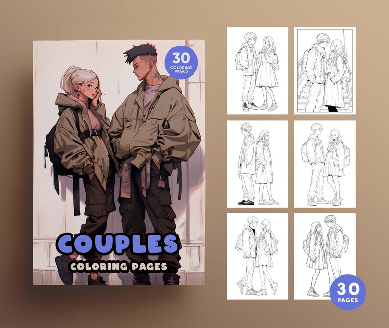 K&ouml;nnte beinhalten: Ein Malbuch mit 30 Seiten, die Paare in verschiedenen Posen zeigen. Der Umschlag zeigt ein Paar in Schwarzwei&szlig;-Linienkunst mit dem Text "Couples Coloring Pages".