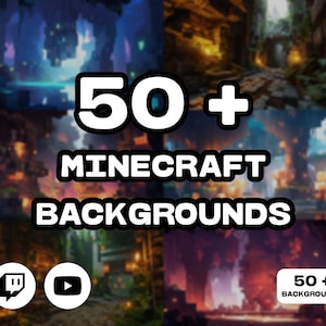 Op de afbeelding: Een collage van meer dan 50 Minecraft-achtergronden met verschillende scènes, waaronder een grot met gloeiend blauw water, een bos met gloeiende paddenstoelen en een dorp met gloeiende lantaarns. De tekst "50+ Minecraft Backgrounds" wordt in het midden van de afbeelding weergegeven.