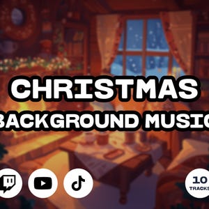 Puede incluir: Una acogedora escena navideña con una chimenea, una ventana con nieve afuera y una mesa con una taza de café. El texto "CHRISTMAS BACKGROUND MUSIC" se muestra en letras blancas en negrita. La imagen también incluye iconos para Twitch, YouTube y TikTok, y el texto "10 TRACKS".