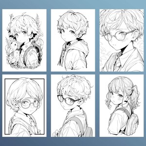 May include: Six black and white line drawings of anime characters with different hairstyles and expressions. Some characters are wearing glasses and backpacks.