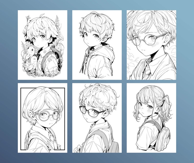 May include: Six black and white line drawings of anime characters with different hairstyles and expressions. Some characters are wearing glasses and backpacks.