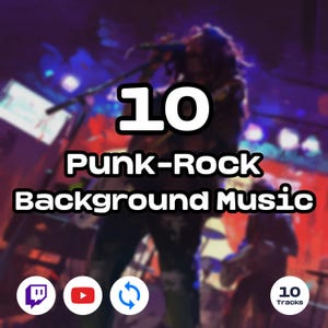 Könnte beinhalten: Bild mit dem Text "10 Punk-Rock Background Music" in Weiß auf schwarzem Hintergrund. Die Zahl "10" ist groß und prominent. Darunter befinden sich Social-Media-Symbole und die Worte "10 Tracks". Der Hintergrund ist ein verschwommenes Bild einer Live-Musik-Performance.