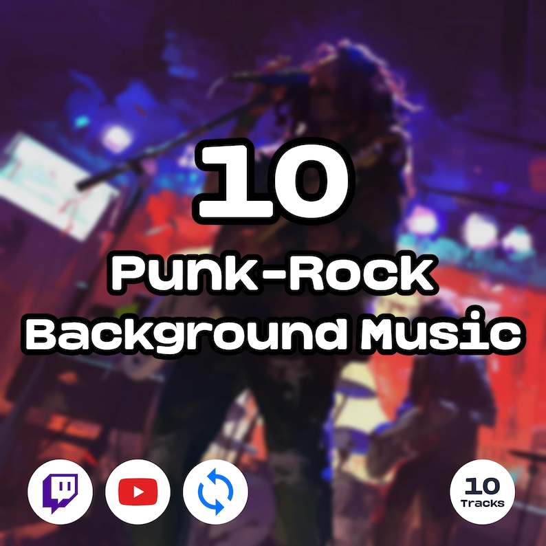 May include: Image with the text "10 Punk-Rock Background Music" in white on a black backdrop. The number "10" is large and prominent. Below are social media icons and the words "10 Tracks". The background is a blurred image of a live music performance.