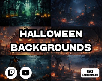 Puede incluir: Una colección de 50 fondos de Halloween con escenas espeluznantes con calabazas, cementerios y bosques encantados. Los fondos son perfectos para crear contenido de Halloween espeluznante y festivo.