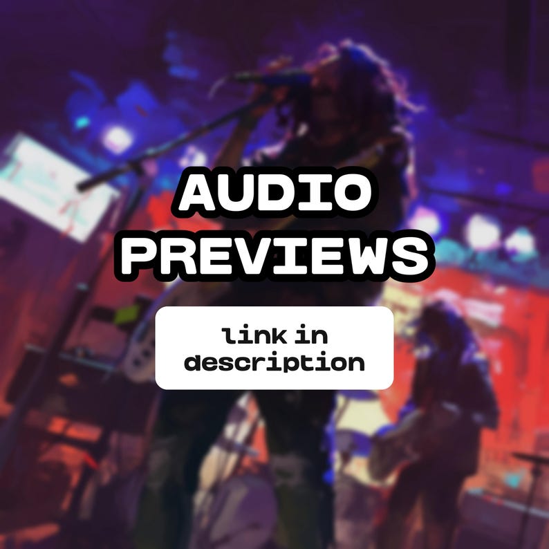 May include: Image of a live music performance with the words "AUDIO PREVIEWS" in bold white letters on a black background. Below the text is a white rectangle with the words "link in description". The stage is lit with red, blue, and purple lights.