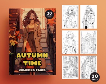 Anime Girls Coloring Book, Autumn Theme, Manga Art (Digital Download)
