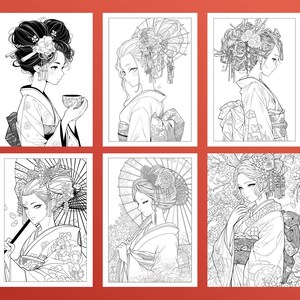 May include: A set of six black and white coloring pages featuring women in traditional Japanese clothing with elaborate hairstyles and accessories. The women are depicted in various poses, some holding teacups, others with parasols, and some with flowers in their hair.