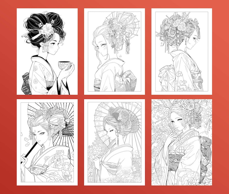 May include: A set of six black and white coloring pages featuring women in traditional Japanese clothing with elaborate hairstyles and accessories. The women are depicted in various poses, some holding teacups, others with parasols, and some with flowers in their hair.